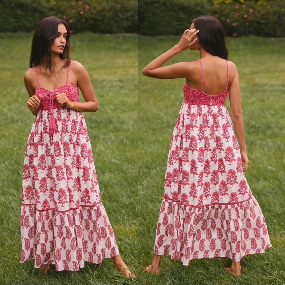 NWT Anthropologie Ros Garden New Guinea Floral Crochet Tiered Maxi Dress Medium